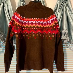 Lou & Grey Brown with Aztec Style Print Sweater size Medium NWT